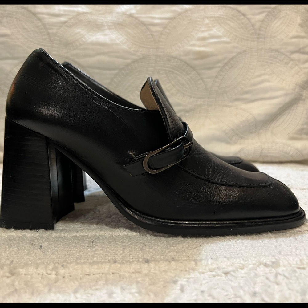 Vintage Black Leather Women's Heeled Loafers 90s Y2K - Picture 5 of 7